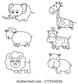 The elephant sheep lion giraffe zebra hippopotamus. line art on white background. The animal set with cute. Linear drawing. set of cute children's illustrations African animals.