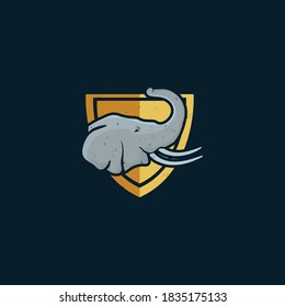 Elephant shield and sunset in vintage style logo 