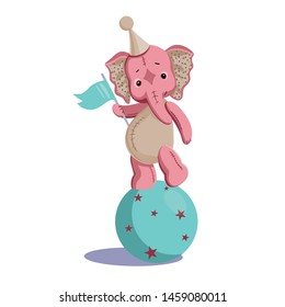 elephant show. Pink elephant balancing on the stitch. Element for your design on white background. Vector.