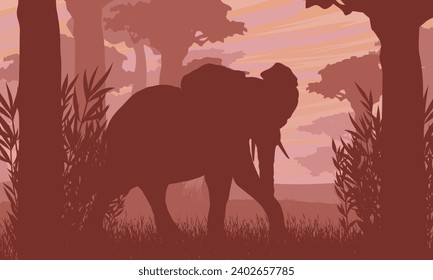 Elephant silhouette in the African savanna with baobab trees and vegetation. Vector landscape