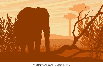 Elephant silhouette in the African savannah. Vector abstract landscape. African wildlife