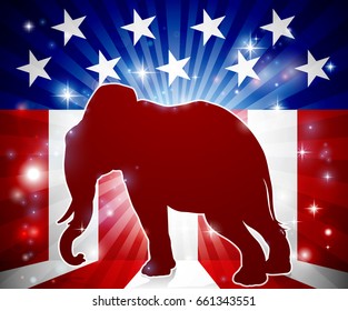 An elephant in silhouette with an American flag in the background, republican political mascot animal