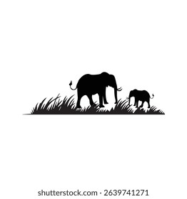 Elephant Silhouette with Calf in Grass – Minimalist Wildlife Art