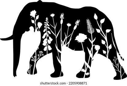 Elefante Silhouette mit floralen Elementen. Isolierte Naturzeichnung, Vektorgrafik.