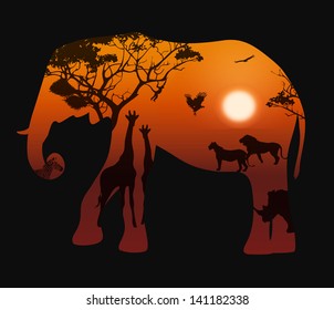 elephant silhouette on a black background. Landscape with sunset and savannah animals, vector illustration