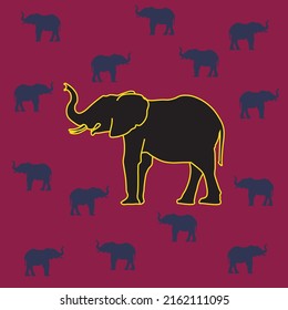 Elephant silhouette on dark pink background. Elephant flat icon design.