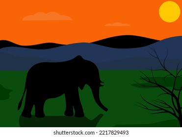 Elephant silhouette on landscape background. Flat style. Vector illustration 