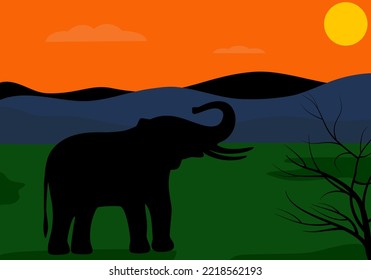 Elephant silhouette on landscape background. Flat style. Vector illustration 