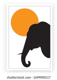 Elephant silhouette on sunset, vector. Elephant illustration isolated on white background. Minimalist art design. Scandinavian poster design. Wall art, artwork, wall decals