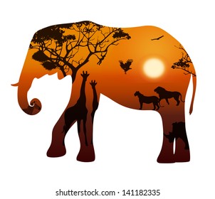 elephant silhouette on a white background. Landscape with sunset and savannah animals, vector illustration