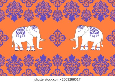 Elephant Silhouette Pattern,damask pattern,thai pattern, traditional ethnic, floral, fabric pattern for textiles,wallpaper, clothing, sarong, batik, wrapping, embroidery, print, background, cover,rugs