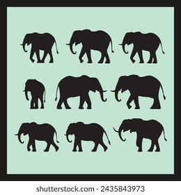 Elephant silhouette set Clipart on a hex color background
