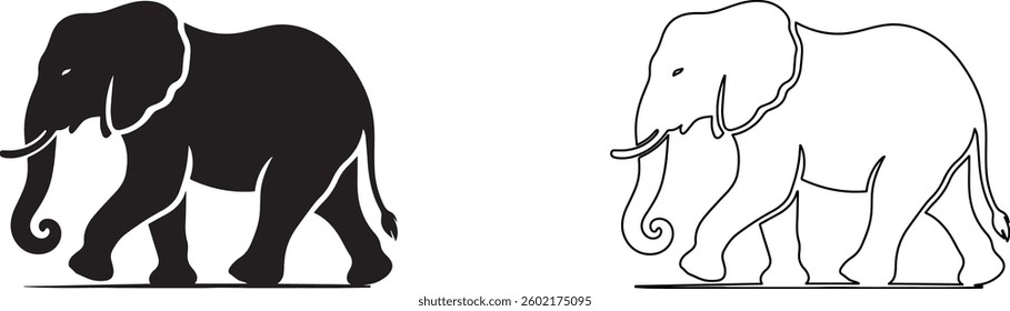 Elephant silhouette vector art illustration set isolated on white background.