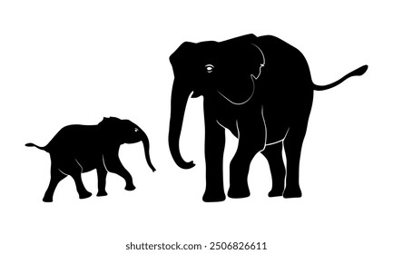 Elephant Silhouette vector. Silhouette of elephant run by road. Silhouette of elephants. Elephant shadow hand drawn. 