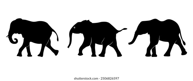 Elephant Silhouette vector. Silhouette of elephant walking. Silhouette of elephants. Elephant shadow hand drawn. 