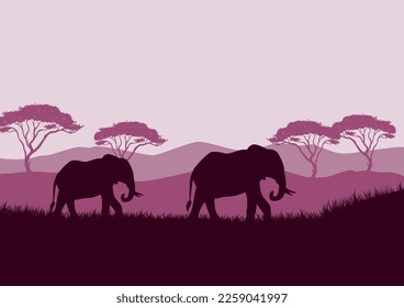 Elephant silhouettes in savanna landscape background illustration vector.