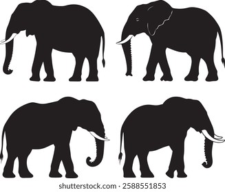Elephant Silhouettes Vector Illustration Set, Isolated on White Background