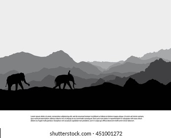 Elephant  silhouettes in wild nature mountain landscape background 