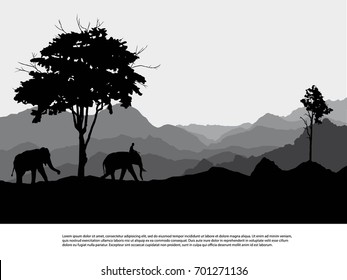 Elephant   silhouettes in wild nature mountain landscape background illustration vector