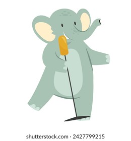 Elephant singing with microphone. Animals musical concert, band solist vector illustration