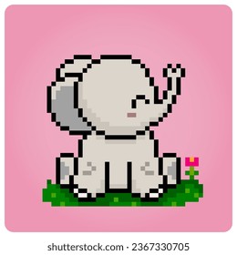 elephant is sitting in 8 bit pixel art. Happy animals for game assets in vector illustrations.