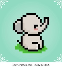 elephant is sitting in 8 bit pixel art. Happy animals for game assets in vector illustrations.