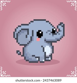 Elephant is sitting in 8 bit pixel art. Happy animals for game assets in vector illustrations.