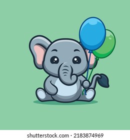 Elephant Sitting Hold Balloon Cute Creative Kawaii Cartoon Mascot Logo