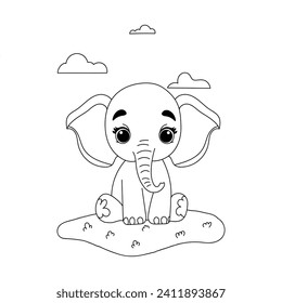 an elephant is sitting on the grass with a cloudy sky coloring book