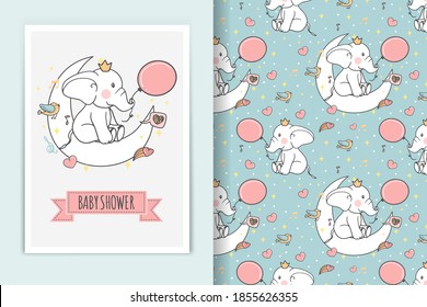 elephant sitting on moon with balloon illustration doodle and seamless pattern background