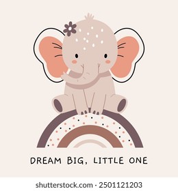 Ein Elefant sitzt auf einem Regenbogen.Dream Big, Little One.in skandinavischen, Boho, minimalistischen Stil in beigen neutralen Pastellfarben.Dekor für Kinderzimmer, Babydusche, Textilien