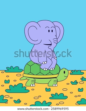 Elephant sitting on a turtle and walking in nature perfect for children's books in a colorful cartoon style, vector art