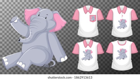 Elephant in sitting position cartoon character with many types of shirts on transparent background illustration