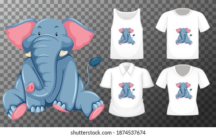 Elephant in sitting position cartoon character with many types of shirts on transparent background illustration