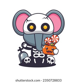 Elephant with skeleton costume holding halloween pumpkin. 