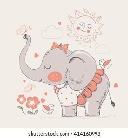 elephant in skirt. hand drawn vector illustration/can be used for kid's or baby's shirt design/fashion print design/fashion graphic/t-shirt/kids wear