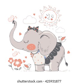 elephant in skirt. hand drawn vector illustration/can be used for kid's or baby's shirt design/fashion print design/fashion graphic/t-shirt/kids wear