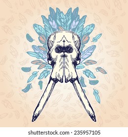 Elephant skull on a plumage background. Contains transparent objects