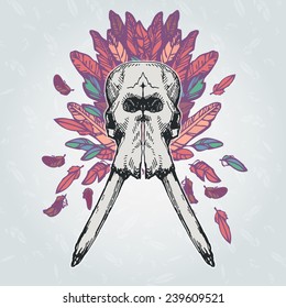 Elephant skull on a plumage background. Contains transparent objects