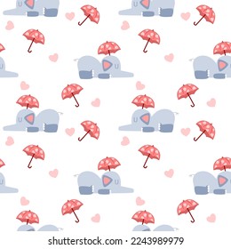 Elephant sleep cartoon so cute.on umbrella  red heart white background.pattern seamless vector illustration.

