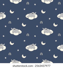 Elephant sleeping on cloud cartoon so cute. On rainbow star moon blue background. Pattern seamless vector illustration.