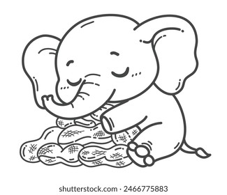 The elephant sleeps contentedly, hugging a nuts, its favorite food. Hand drawing vector illustration in black outline on a white background.