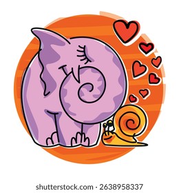 Elephant and snail, vector, graphic, cartoon, humor