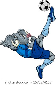 An elephant soccer football player cartoon animal sports mascot kicking the ball