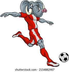 An elephant soccer football player cartoon animal sports mascot kicking the ball