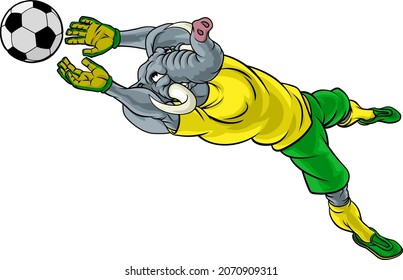 An elephant soccer football player goal keeper cartoon animal sports mascot diving to catch the ball