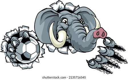 An elephant soccer football sports animal mascot holding a ball and breaking through the background