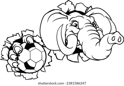 An elephant soccer football sports animal mascot holding a ball and breaking through the background