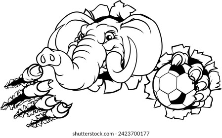 An elephant soccer football sports animal mascot holding a ball and breaking through the background