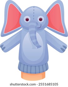 Elephant sock doll. Hand with cartoon animal puppet isolated on white background